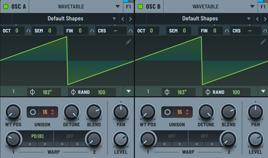Sawtooth wavetable in OSC A and OSC B with unison enabled. Note how the Detune is conservatively set and the Blend is centered this maintains the mono weight that hard techno needs.