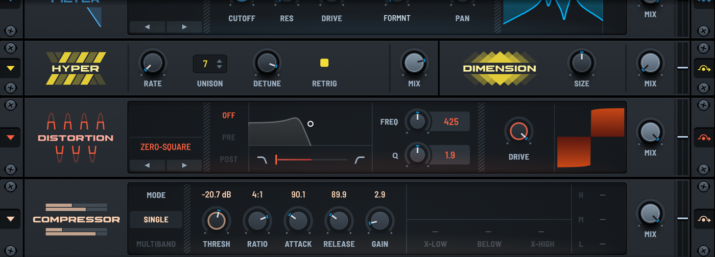 The post-Serum processing chain: Dimension for controlled width, Filter with active Cutoff and Resonance, and the Compressor with Attack, Release and Ratio adjusted for glue without killing the screech dynamics.